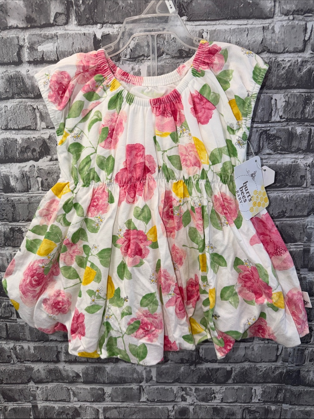 NWT Burt's Bees Floral Puff-Sleeve‎ Baby Dress in White, Pink & Yellow